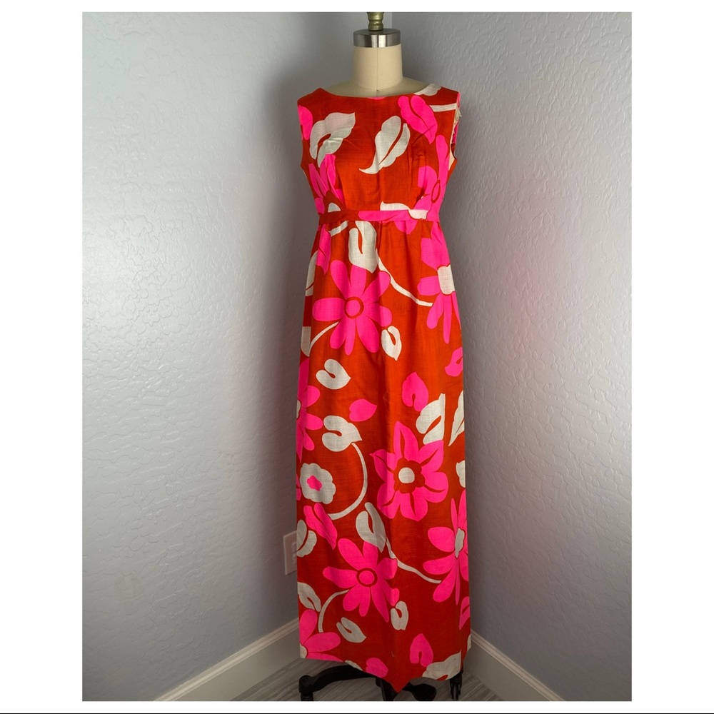 Vintage Neon Pink Red Floral Barkcloth Maxi Dress